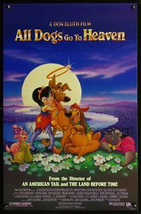 3p038 ALL DOGS GO TO HEAVEN DS one-sheet movie poster '89 Don Bluth, cool B.A. cartoon artwork!