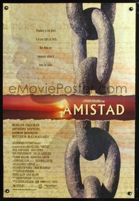 3p043 AMISTAD DS one-sheet '97 Morgan Freeman, Steven Spielberg, cool silhouette & chains design!