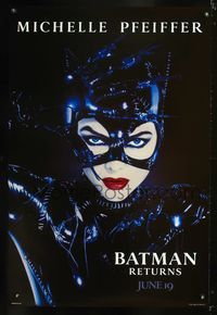 3p079 BATMAN RETURNS teaser Catwoman style one-sheet '92 great image of sexy Michelle Pfeiffer!