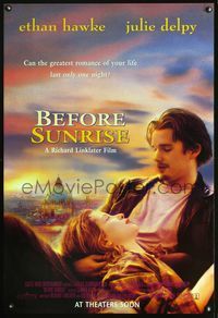 3p086 BEFORE SUNRISE DS int'l advance 1sheet '94 cool romantic image of Ethan Hawke & Julie Delpy!