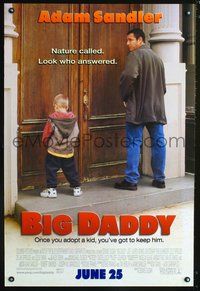 3p092 BIG DADDY DS advance 1sh '99 great image of Adam Sandler & kid relieving themselves on door!