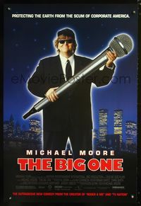 3p095 BIG ONE 1sheet '97 great image of Michael Moore w/sunglasses and huge microphone, documentary!