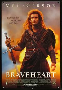 3p119 BRAVEHEART int'l advance one-sheet poster '95 cool image of Mel Gibson as William Wallace, Scotland!