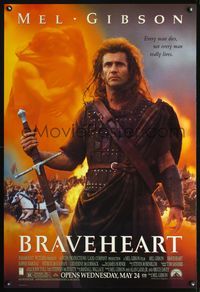 3p118 BRAVEHEART DS advance one-sheet movie poster '95 cool image of Mel Gibson as William Wallace!