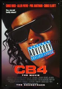 3p141 CB4 one-sheet '93 great image of rapper Chris Rock with consumer advisory sticker on mouth!