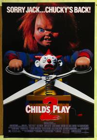 3p155 CHILD'S PLAY 2 DS one-sheet '90 great image of Chucky cutting jack-in-the-box with scissors!