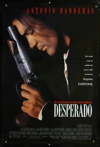 3p200 DESPERADO DS one-sheet '95 Robert Rodriguez, close image of Antonio Banderas with big gun!
