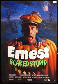 3p244 ERNEST SCARED STUPID DS int'l 1sheet '91 Alvin art of wacky Jim Varney screaming from pumpkin!
