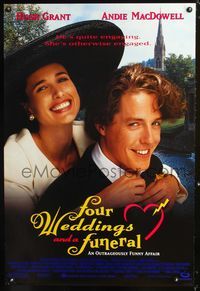 3p277 FOUR WEDDINGS & A FUNERAL one-sheet '94 great portrait of Andie McDowell hugging Hugh Grant!
