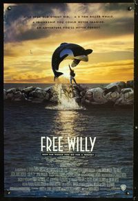 3p283 FREE WILLY DS one-sheet movie poster '93 Jason James Richter, great jumping orca whale image!