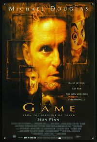 3p291 GAME one-sheet movie poster '97 portraits of Michael Douglas & Sean Penn, creepy image!