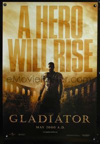 3p303 GLADIATOR DS teaser one-sheet poster '00 cool image of Russell Crowe in Coliseum, Ridley Scott