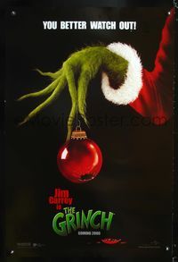 3p325 GRINCH DS teaser hand style one-sheet '00 Jim Carrey, Ron Howard, Dr. Seuss X-mas story!