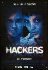 3p328 HACKERS DS advance one-sheet poster '95 Jonny Lee Miller, young sexy Angelina Jolie, sci-fi!