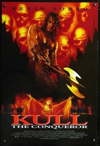 3p415 KULL THE CONQUEROR DS int'l one-sheet '97 cool image of shirtless Kevin Sorbo w/giant axe!