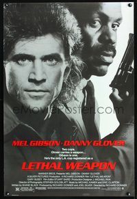 3p428 LETHAL WEAPON one-sheet '87 great close image of cop partners Mel Gibson & Danny Glover!