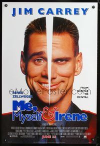 3p473 ME, MYSELF & IRENE advance style A one-sheet '00 wacky portrait image of two-faced Jim Carrey!