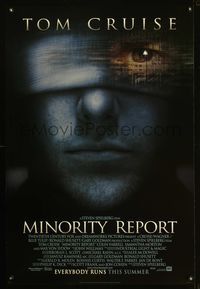 3p484 MINORITY REPORT DS advance one-sheet '02 Steven Spielberg, cool art of blindfolded Tom Cruise!