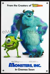 3p494 MONSTERS INC DS teaser one-sheet poster '01 best Disney & Pixar computer animated CGI cartoon!