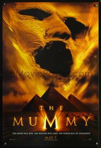 3p513 MUMMY DS teaser one-sheet movie poster '99 Brendan Fraser, cool image of face in sand!
