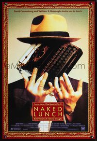 3p525 NAKED LUNCH DS 1sh '91 David Cronenberg, William S. Burroughs, wild image of man w/typewriter!
