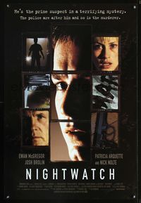 3p535 NIGHTWATCH DS int'l one-sheet '98 Ewan McGregor, Patricia Arquette, Nick Nolte, cool design!