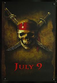 3p562 PIRATES OF THE CARIBBEAN teaser 1sheet '03 Johnny Depp, great skull w/bandana & swords image!