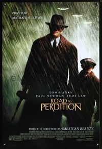 3p600 ROAD TO PERDITION DS one-sheet poster '02 cool image of Tom Hanks in the rain w/tommy gun!