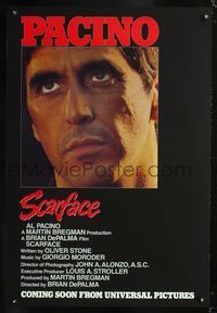 3p619 SCARFACE advance one-sheet '83 Al Pacino as Tony Montana, Michelle Pfeiffer, Brian De Palma
