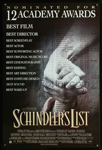 3p624 SCHINDLER'S LIST Awards style one-sheet '93 Steven Spielberg, Liam Neeson, Ralph Fiennes