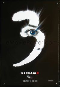 3p630 SCREAM 3 int'l teaser DS 1sh '00 Wes Craven, cool close-up of Neve Campbell in number 3!