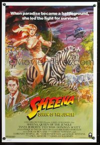 3p645 SHEENA int'l 1sh '84 artwork of sexy Tanya Roberts with bow & arrows riding zebra in Africa!