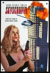 3p661 SKYSCRAPER video one-sheet '97 sexy busty Anna Nicole Smith w/gun, chopper, & exploding tower!