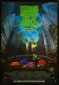 3p716 TEENAGE MUTANT NINJA TURTLES one-sheet '90 live action, cool image of turtles in NYC sewers!
