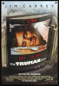 3p750 TRUMAN SHOW DS advance one-sheet '98 Jim Carrey sleeping on giant screen TV, Peter Weir!