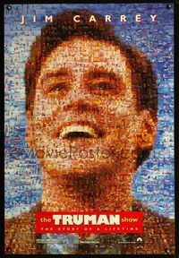 3p749 TRUMAN SHOW DS teaser one-sheet '98 really cool mosaic art of smiling Jim Carrey, Peter Weir