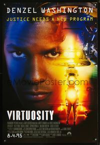 3p764 VIRTUOSITY DS advance one-sheet movie poster '95 Denzel Washington vs. killer Russell Crowe!