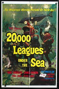 3r008 20,000 LEAGUES UNDER THE SEA one-sheet R71 Jules Verne underwater classic, wonderful art!