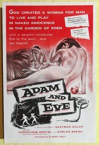 3r027 ADAM & EVE one-sheet '58 sexiest artwork of naked man & woman in the Mexican Garden of Eden!