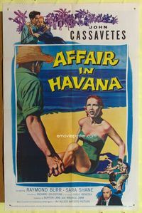 3r031 AFFAIR IN HAVANA 1sheet '57 John Cassavetes in Cuba, art of Sara Shane in swimsuit on beach!