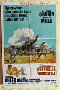 3r032 AFRICA - TEXAS STYLE 1sheet '67 cool art of Hugh O'Brien lassoing zebra by stampeding animals!