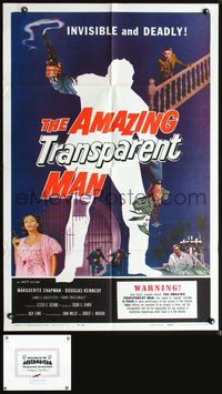 3r043 AMAZING TRANSPARENT MAN w/COA one-sheet '59 Edgar Ulmer, cool fx art of the invisible convict!