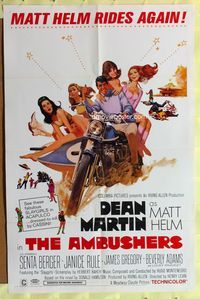 3r045 AMBUSHERS one-sheet '67 art of Dean Martin as Matt Helm with sexy Slaygirls on motorcycle!