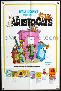 3r062 ARISTOCATS one-sheet movie poster R80 Walt Disney feline jazz musical cartoon, great image!