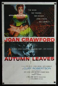 3r065 AUTUMN LEAVES one-sheet '56 Cliff Robertson was young & eager and Joan Crawford was lonely!