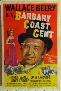 3r070 BARBARY COAST GENT one-sheet movie poster '44 great close-up art of winking Wallace Beery!