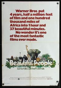 3r056 ANIMALS ARE BEAUTIFUL PEOPLE one-sheet poster '75 Jamie Uys, Africa, cool artwork of animals!