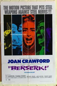 3r083 BERSERK one-sheet movie poster '67 crazy Joan Crawford, sexy Diana Dors, circus horror!