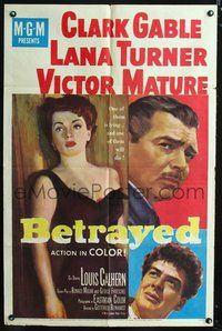 3r088 BETRAYED one-sheet poster '54 art of Clark Gable, Victor Mature & sexy brunette Lana Turner!