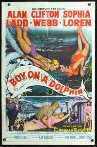 3r110 BOY ON A DOLPHIN one-sheet poster '57 art of Alan Ladd swimming with sexiest Sophia Loren!